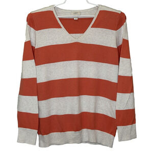 Ann Taylor Loft Pullover Sweater Womens Size XL Orange Stripe V-Neck Long Sleeve